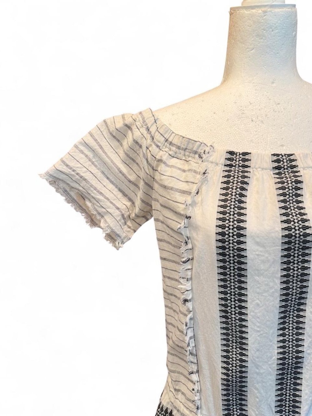 Lovestitch White Cotton Romper W/Black Vertical Stripes And Geometric Pattern. - Picture 5 of 8